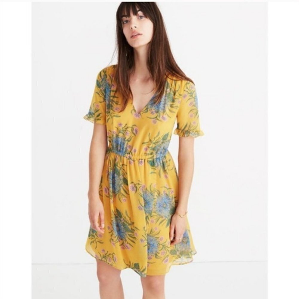 Madewell Sweetgrass Ruffle Sleeve Mini Dress in Painted Blooms Yellow & Blue 6 - Picture 2 of 16